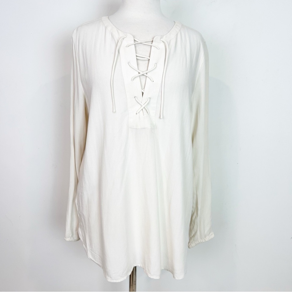 LOFT OFF-WHITE LONG SLEEVE LACE UP NECKLINE BOHO PEASANT BLOUSE WOMENS MEDIUM